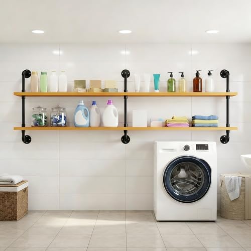 Industrial Pipe Shelving Rustic Floating Bookshelf for Living Room 60 Inch Wall Mounted Bookshelf Pipe Shelves with Wood Planks Industrial Floating Shelves Farmhouse Kitchen Shelving