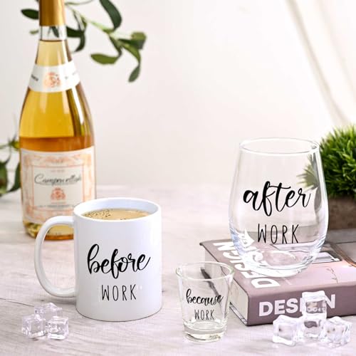 Before Work After Work Gift Set 11oz Coffee Mug 17oz Stemless Wine Glass 2oz Shot Glass Set for Boss Coworker Manger Leader Employee