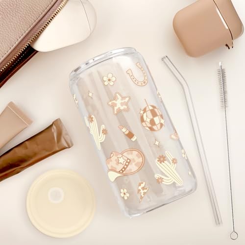 Western Cowgirl 16oz Can Glass Tumbler with Acrylic Lid & Straw