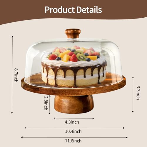 Wood-Cake-Stand With Acrylic Dome Lid, Round Wooden Cake Holder Plate With Cover, 2-in- 1 Dessert Table Display Set For Party, Charcuterie Board For Cheese, Chips & Dips, Nachos, Fruit Platter