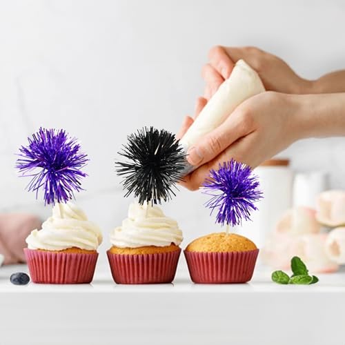 30Pcs Foil Firework Cupcake Toppers Sparkle Tinsel Cake Toppers Tinsel Drink Cake Decoration Cocktail Picks for Birthday Wedding Graduation Party Supplies Black Purple (30 Count)