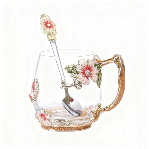 Flower Glass Coffee Tea Cup With Spoon Set Ideal Gifts For Mom Women Christmas Stocking Stuffers Valentine's Day Birthday Gifts For Her Girlfriend Wife Nice Present From Daughter Son