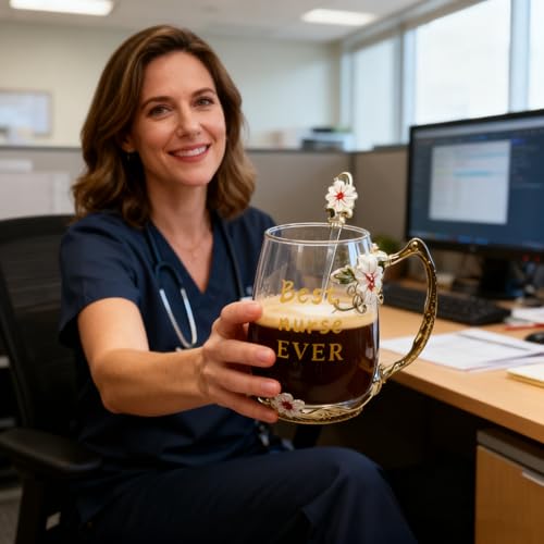 National Nurses Day Flower Glass Cup with Unique Flower Printing and Spoon