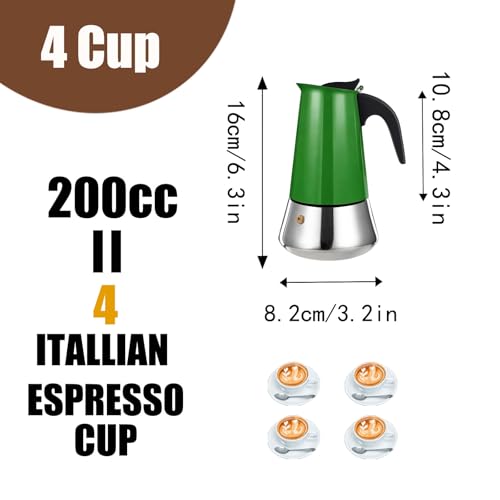 4 Cup Stovetop Espresso Maker Stainless Steel Moka Pot Stove Top Percolator Italian Coffee Makers Capable Mocha Greca Machine Cafe Classic Induction Cookers for Home and Camping 200ml 6.6oz