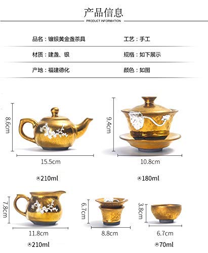 Silver 9pcs Inlaid Silver Tea Set Kung Fu Ceramic Household Sterling Silver Tea Cup Lid Bowl Teapot for Gift