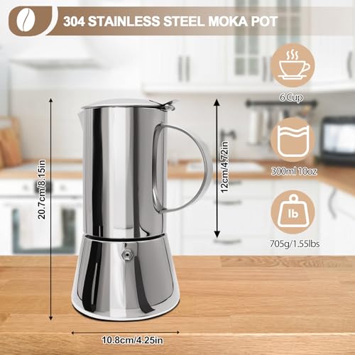 304 Thickened Stainless Steel Uncoated 6 Cup Moka Pot 300ml 10oz