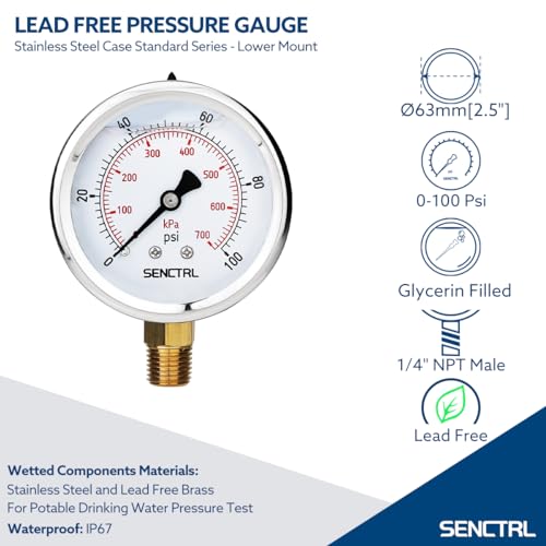 100 Psi Lead Free Glycerin Liquid Filled Low Water Pressure Gauge
