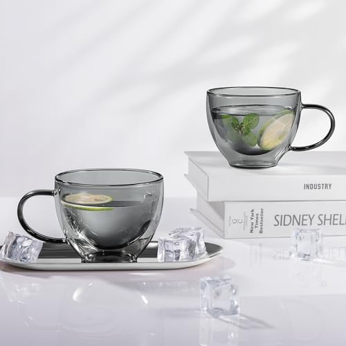 Black Double Walled Glass Coffee Mug 12 oz Cappuccino Cups Set of 2 (2 Count)