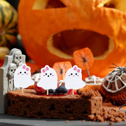 48Pcs Halloween Cupcake Toppers Pink Bow Ghost Cupcake Picks Cute Ghost Cake Decorations for Halloween Birthday Party Supplies (48 Count)