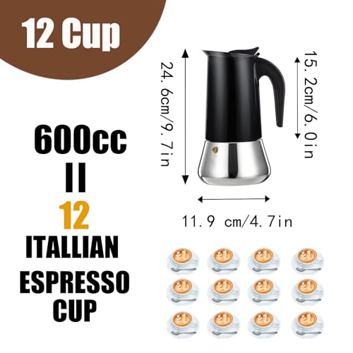 12 Cup Stovetop Espresso Maker Stainless Steel Moka Pot Stove Top Percolator Italian Coffee Makers Capable Mocha Greca Machine Cafe Classic Induction Cookers for Home and Camping 600ml 20oz