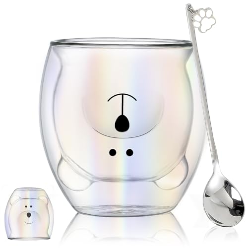 Cute Mugs Double Wall Glass Coffee Glass Cup Kawaii Bear Tea Milk Cup Funny Mug Animal Mug Aesthetic Cup for Office and Personal Birthday Gift