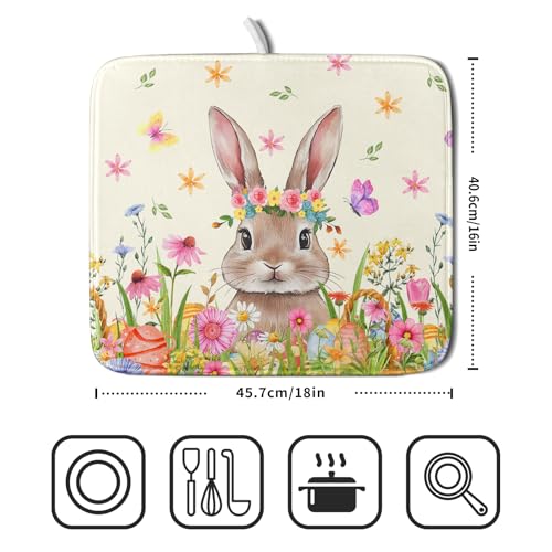 Easter Dish Drying Mat for Kitchen Counter Spring Easter Holiday Dish Drying Mat 16X18 Inch Reversible Absorbent Dish Pad Spring Wildflowers Dishes Drainer Pad Dish Drying Rack Mat for Countertop