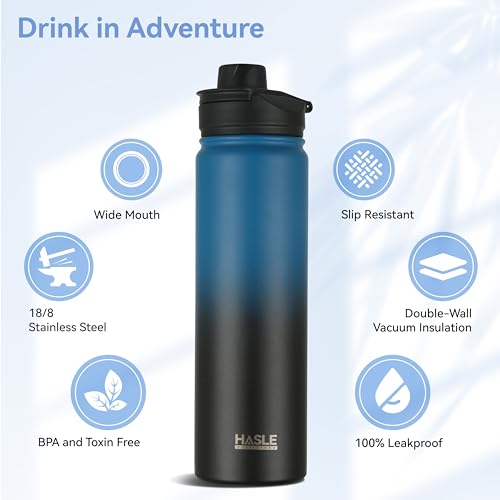 Insulated Water Bottle 22 oz Double Wall Stainless Steel Water Bottle Wide Mouth with Straw Lid & Spout Lid Keeps Cold or Hot