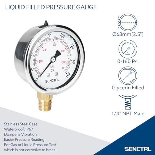 0 160 Psi Liquid Filled Air Pressure Gauge