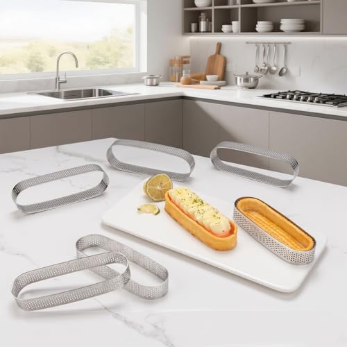 Oval Tart Ring 304 Stainless Steel 6pcs Thickened Perforated Pastry Cake Ring Mold for Baking Nonstick Fruit Tarte Crust Tools (6 Count)