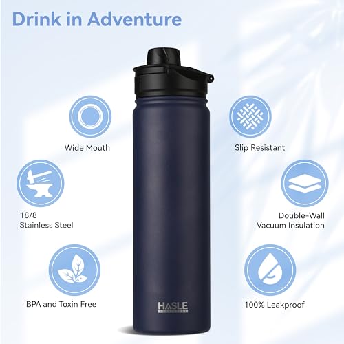 Insulated Water Bottle 22 oz Double Wall Stainless Steel Water Bottle Wide Mouth with Straw Lid & Spout Lid Keeps Cold or Hot