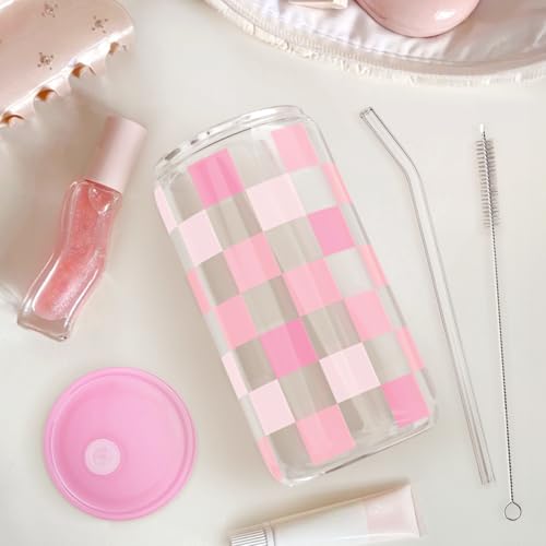 Checker 16 Oz Can Glass Tumbler with Acrylic Lid and Straw