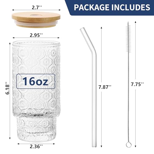 16 Oz Glass Cups with Lid and Straw
