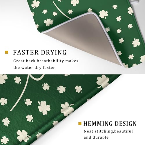 St Patricks Day Dish Drying Mat Green Lucky Clovers Dish Drainer Mats 18"x24" Shamrock Holiday Microfiber Reversible Dish Drying Rack Pad Protector for Kitchen Countertop Large Decor
