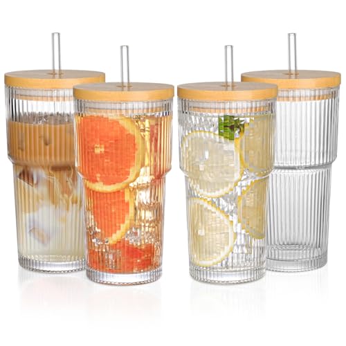 20oz Glass Cups with Lids and Straws