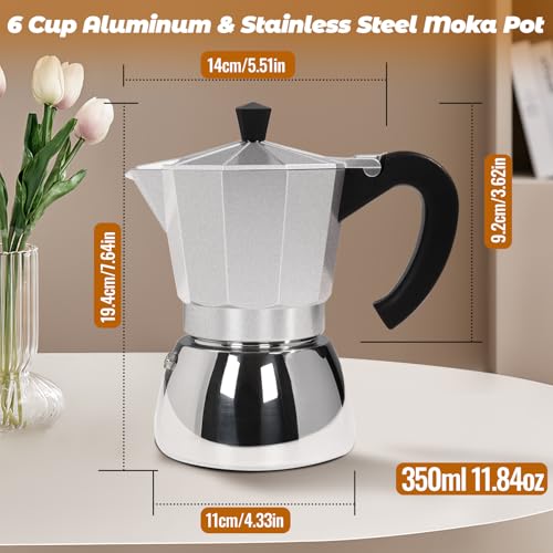 No Coating 6 Cup Aluminum and Stainless Steel Moka Pot Stovetop