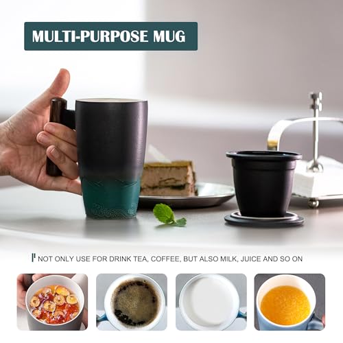 Ceramic Tea Cup with Infuser and Lid Tea Mugs Wooden Handle 400ml