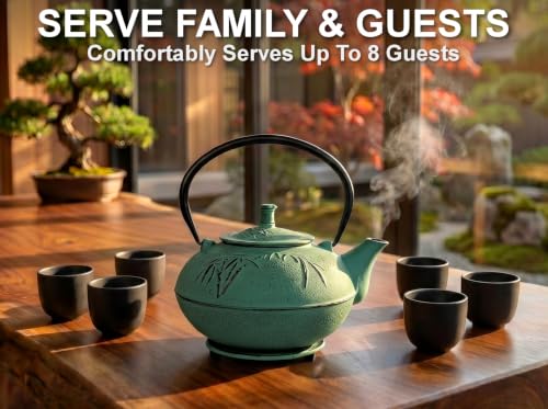 85 Oz XXL Green Bamboo Cast Iron Teapot