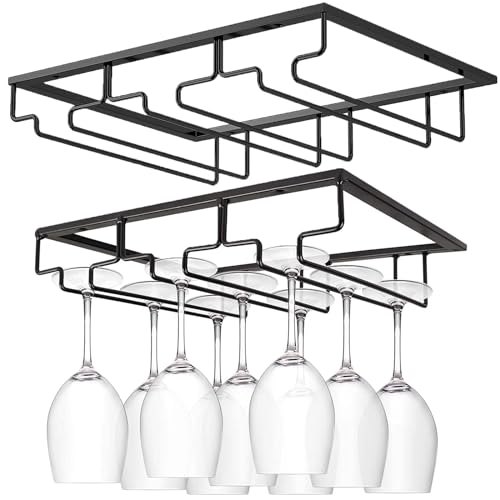 Wine Cup Holder Table Decoration Storage Hanger Metal Organizer for Bar Kitchen Stemware Rack Under Cabinet Stainless Steel Hanger Storage Shelf Black (2 Count)