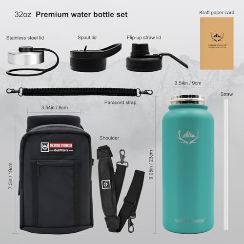 32 oz Insulated Water Bottle with Carrier Bag & 3 Lids