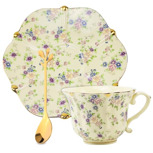Country Roses Porcelain Tea Cup and Saucer Set with Gold Trim