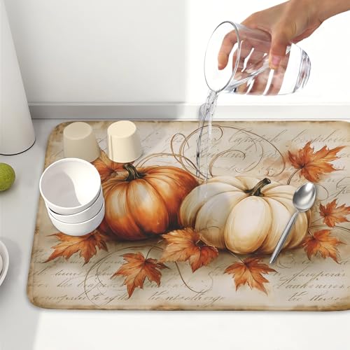 Fall Pumpkin Dish Drying Mat 18”x24”Vintage Autumn Drying Mat for Kitchen Counter Absorbent Maple Leaf Fall Thanksgiving Farmhouse Dishes Pad Drainer Mat Countertop Protector for Kitchen Fast Dry