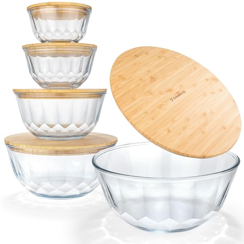 Large Stackable Glass Mixing Bowls with Bamboo Lids Set of 5