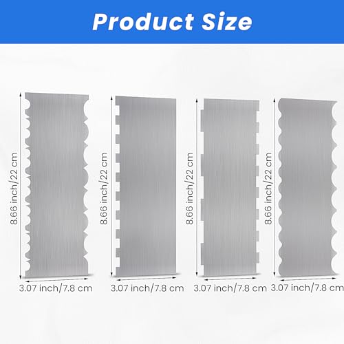 4 Pieces Stainless Steel Cake Scraper 10 Inch and Sided Patterned Edge Stripe Edge Smoother Scraper Cake Decorating Comb Cake Pastry Cutter for Mousse Butter Cream Cake Decoration (4 Count)