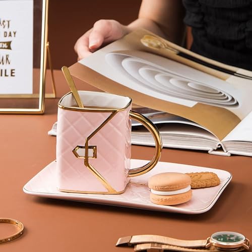 Ceramic Purse Coffee Mugs Set Tea Cup Unique Bag shaped mug and Saucer Set with Spoon and Saucer For Women Thanksgiving Christmas Gifts