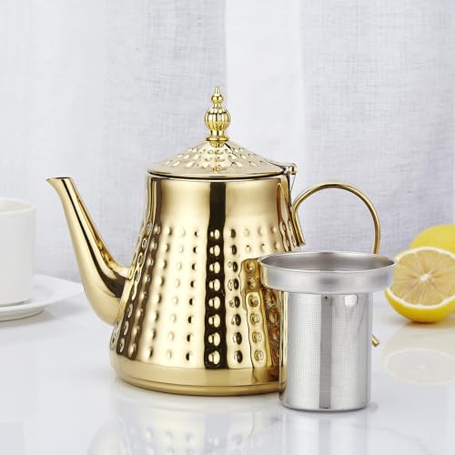 1.2L(40oz) Stainless Steel Hammer Patterned Teapot With Removeable Infuser,Loose leaf cover,Gold