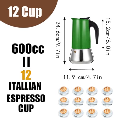12 Cup Stovetop Espresso Maker Stainless Steel Moka Pot Stove Top Percolator Italian Coffee Makers Capable Mocha Greca Machine Cafe Classic Induction Cookers for Home and Camping 600ml 20oz