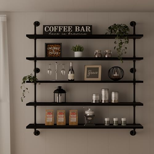 Floating Shelves for Wall Bookshelf Industrial Pipe Shelving Shelves 48 Inch 5 Tier Natural Wood Planks Rustic Wall Shelves Hanging Bookshelves Farmhouse Kitchen Shelving Black