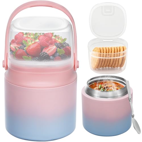 2 - in - 1 Soup Thermo for Hot Food 14oz with Snack Box Container Leak Proof Insulated Lunch Container Kids and Adults Stainless Steel Double Wall Vacuum Wide-mouth Thermal with Spoon and Handle