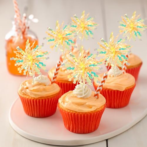 30Pcs Foil Firework Cupcake Toppers Happy Birthday Cake Toppers Tinsel Flower Drink Stirrers Cocktail Food Fruit Toothpicks for Valentine's Day Party Birthday Wedding Supplies Yellow (20 Count)