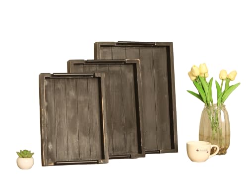 3Pc Rustic Black Vintage Nested Wood Serving Trays