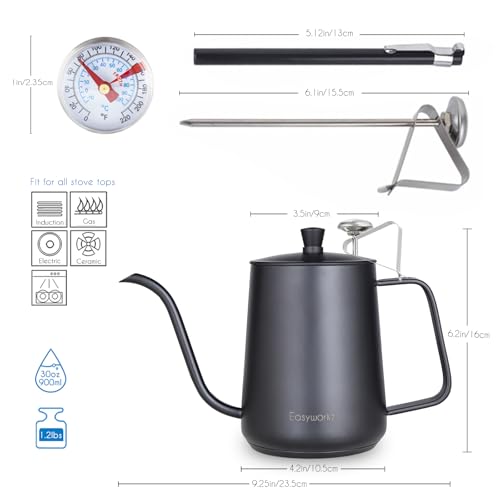 Gooseneck Pour Over Coffee Kettle 30 fl oz with Thermometer Stainless Steel Hand Drip Coffee Pot With Long Narrow Spout
