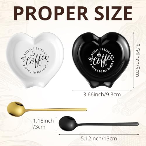2 Pcs Ceramic Coffee Spoon Rest with Spoon Small Heart Black White Stirrer Holder Bar Station Accessories Decoration Lover Housewarming Gift