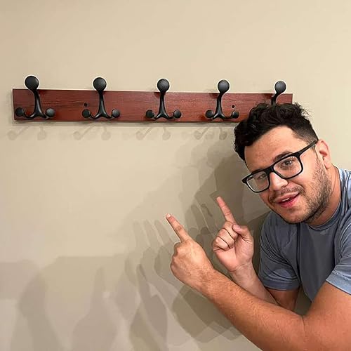 24 Inch Cherry Wood Coat Rack Wall Mount with 5 Triple Hooks