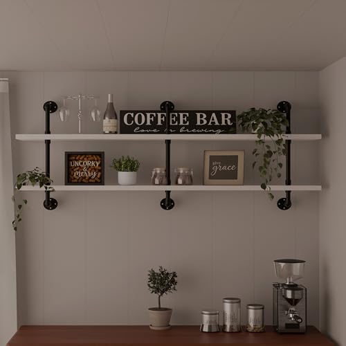 Industrial Pipe Shelving Rustic White Pipe Wall Shelves Industrial Shelves with Wood Planks Floating Shelves 60 Inch Farmhouse Bathroom (2 Count)