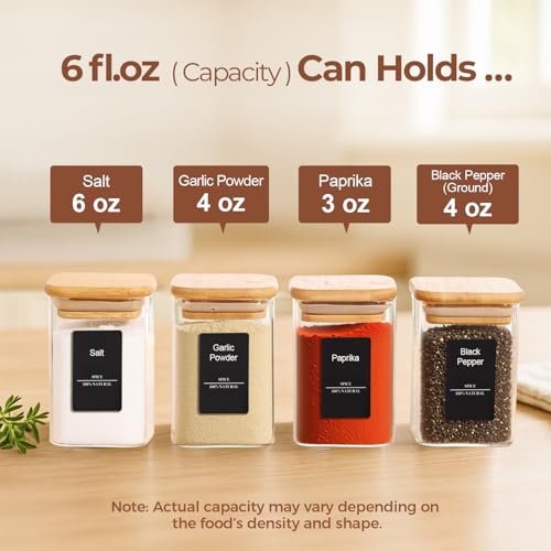 Square Glass Spice Jars with Labels 6 oz 16 Pack with Bamboo Lids (16 Count)