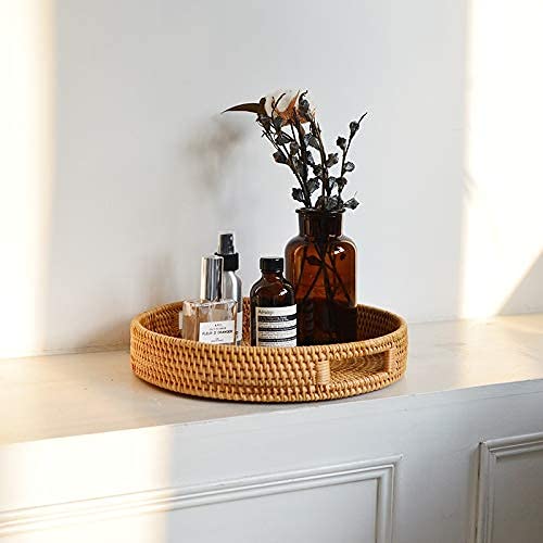 Coffee Table Tray Round Rattan Ottoman Tray Woven Serving Trays with Handles for Home and Kitchen Decorative Natural