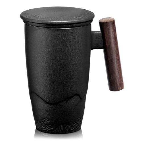 Tomotime Ceramic Tea Cup with Infuser and Lid Tea Mugs Wooden Handle 400ml