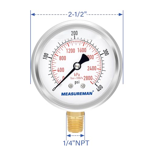 2-1/2" Dial Size, Glycerin Filled Pressure Gauge, 0-400psi/2800kpa, 304 Stainless Steel Case, 1/4" NPT Lower Mount
