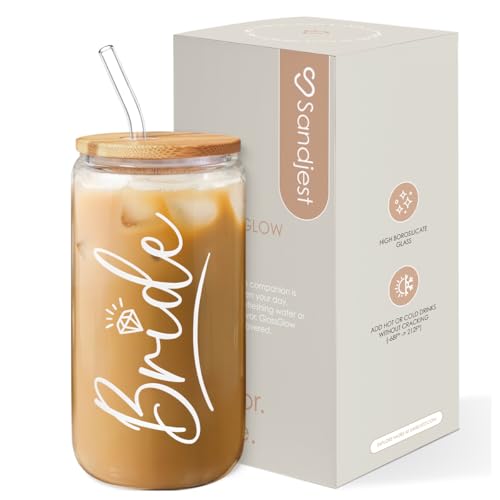 Bride Glass Coffee Cup 16 Oz with Bamboo Lid and Straw