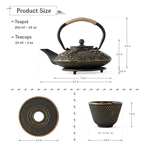 Koi Fish Cast Iron Teapot Set Stove Top 26 oz Tea Kettle with 4 Cups